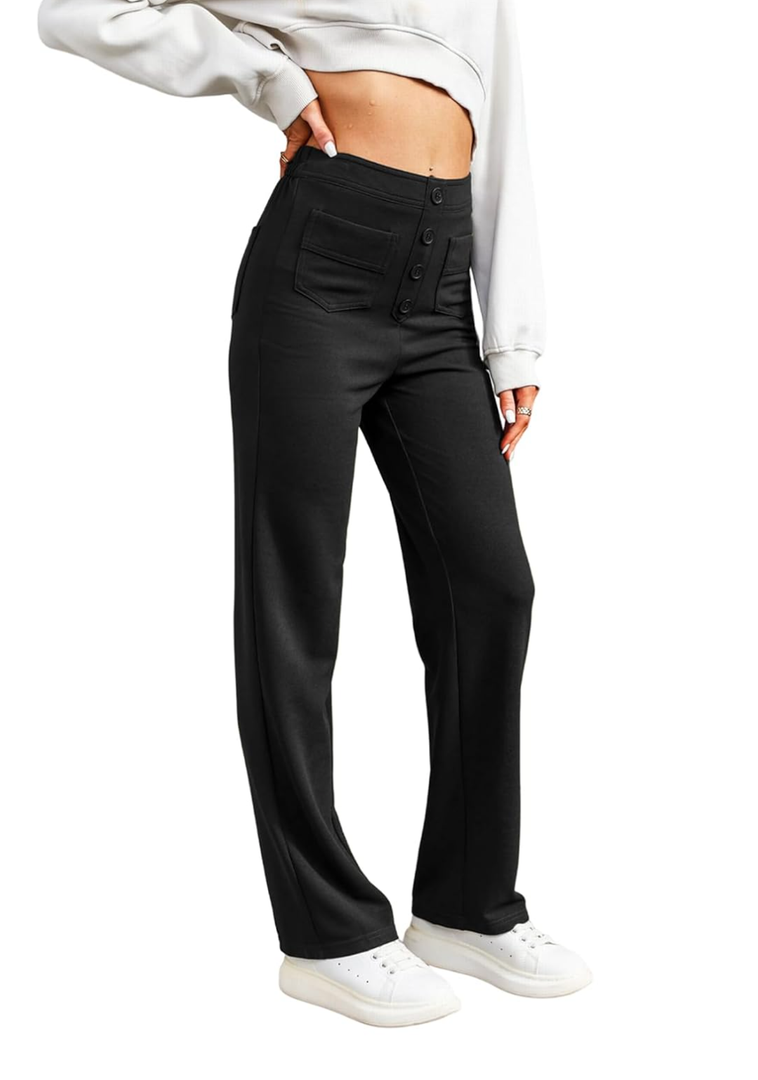 LAFOURAM Women's Straight Leg Pants High Waisted Business Casual Work Trousers with Pockets, Size XL