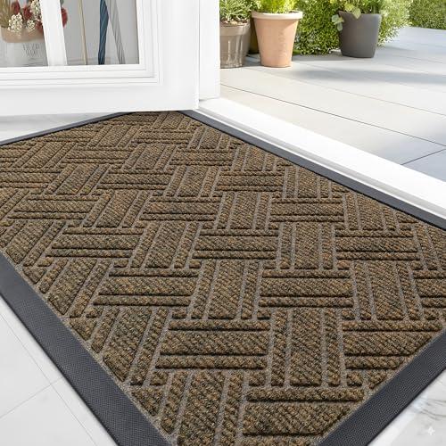 OLANLY Indoor Outdoor Mat, Sturdy Natural Rubber Floor Mat, Non Slip Low Profile Waterproof Doormat, and Stain Front Door Mats, Easy Clean Patio Entrance Mat, 36''x24'', Brown