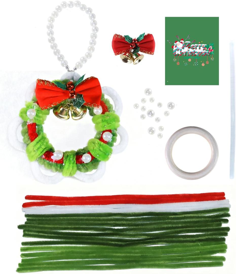 2 x Farbeniok Christmas Pearl Ring Pipe Cleaner Craft Kit, DIY Wreath Ornament Supplies Set with Beads, Bow for Tree Decor, Interior Decoration, School Bags, Children's Festival (Green)