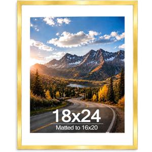 Wood 18x24 Picture Frame with 16x20 Mat Gold, Display 16x20 with Mat or 18x24 Without, Wood 18 by 24 Photo Frame, 18 x 24 Frame for Wall Hanging Display, Gold