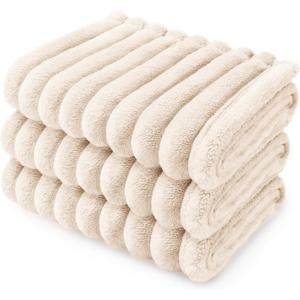 LINENLUX 1 Pack 3 Soft Fleece Dog Blanket for Pet Washable Warm Cat Puppy Fluffy Calming Flannel Beige Medium