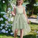 Arshiner Girls Dresses Formal Party Wedding Tulle Sleeveless Contrast Mesh High Low Dress with Belt (Green, L)