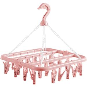 Clothes Drying Hanger with 32 Clips and Drip Foldable Hanging Rack (Light Pink)