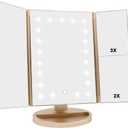 Tri-fold Lighted Vanity Makeup Mirror with 3x/2x/1x Magnification, 21Leds Light and Touch Screen,180 Degree Free Rotation Countertop Cosmetic Mirror,Travel Makeup Mirror (Gold)
