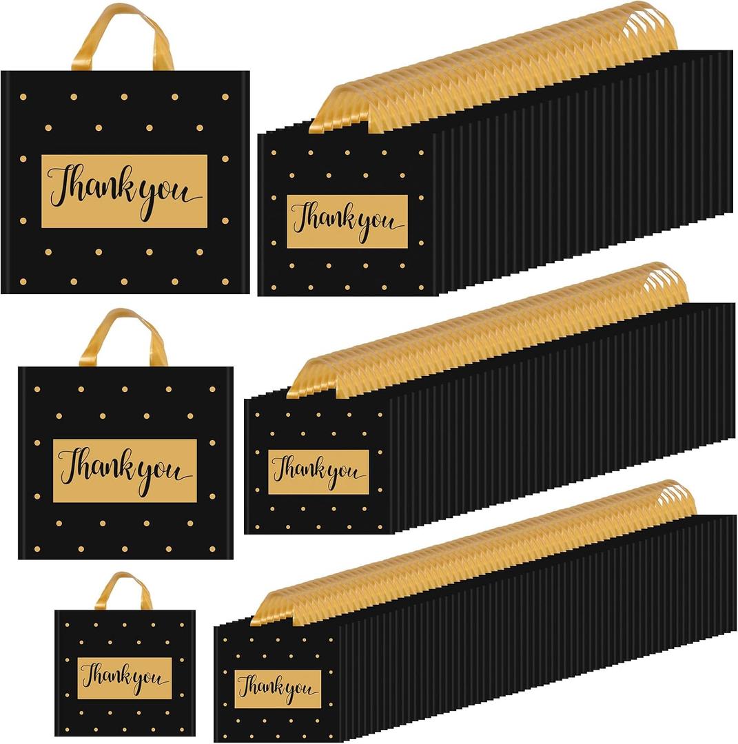 Gueevin 200 Pcs Thanks Bags with Handle Bulk Thank You Merchandise Bags 3 Size Plastic Packet Retail Shopping Package for Boutique 9 x 12'', 12 x 14'', 13 x 15''(Black and Gold), 1 count