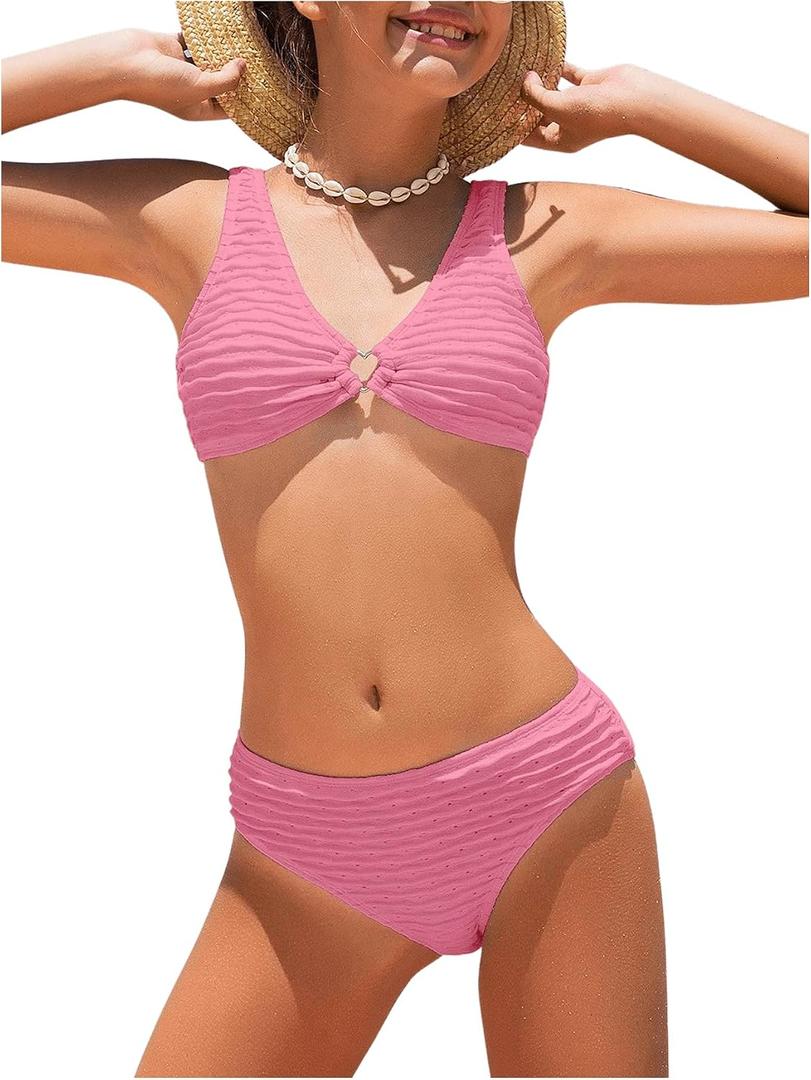 SOLY HUX Girl's V Neck Ring Linked Bikini Sets Bathing Suits Two Piece Swimsuit, 13Y