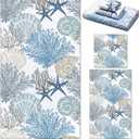 Preboun 3 Pack Hand Towels for Beach and Bathroom - Seashell Coral Starfish Nautical Bath Towels - Sea Creature Dish Towels for Kitchen, Hotel, Home (Blue, White)