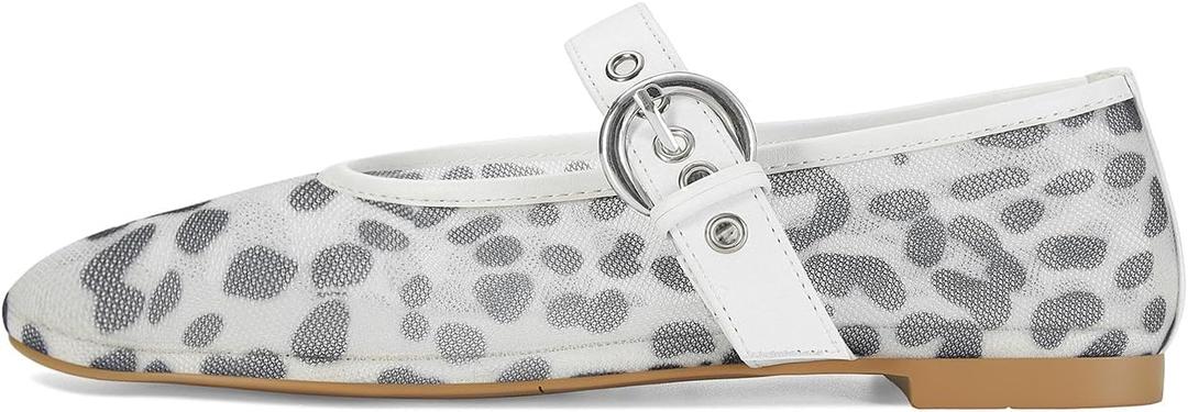 Dsevht Mesh Ballet Flats for Women Round Toe Mary Jane Buckle Strap Comfy Casual Office Fishnet Ballerina Flat Dress Shoes White Leopard US 9