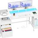 Furologee White Computer Desk with 4 Drawers, 60" Long Office Desk with Fabric File Cabinet and Power Outlets, Gaming Desk with LED Lights, Study Writing Work Desk with Shelf for Home Office