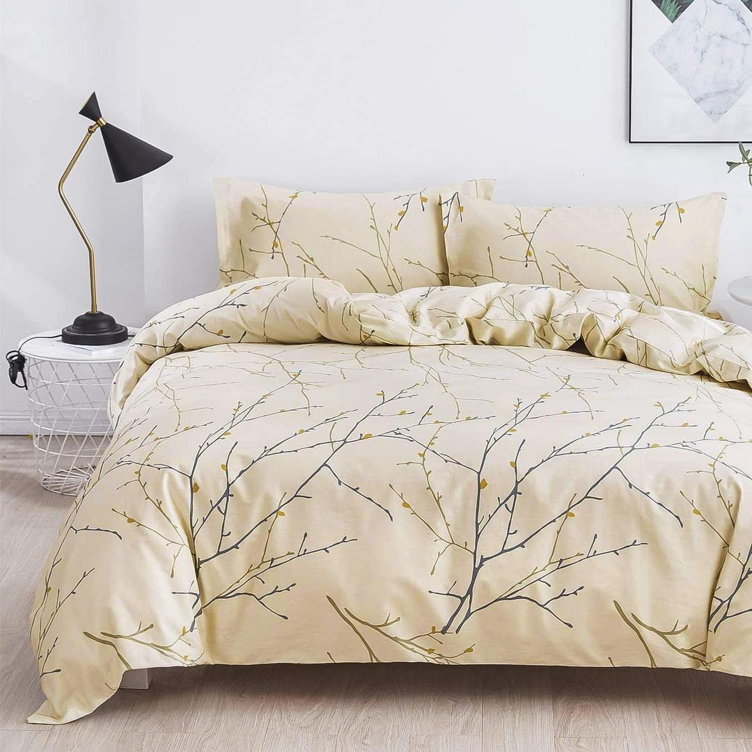 OAITE Duvet Cover Set,100% Cotton Comforter Cover with Floral Pattern Duvet Cover Set,Soft Bedding Set Includes with 3 Piece (2 Pillow Shams,1 Duvet Cover) (King-104" x 90", Ivory-branch)
