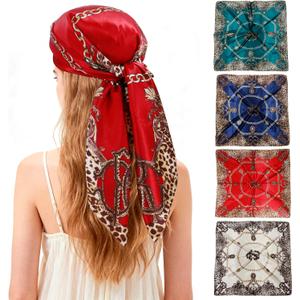 Ciormis 35" Silk Head Scarf for Women, 4 Pcs Satin Hair Scarf Square Silk Bandana Top Neck Scarves Hair Wraps for Sleeping (U1-fashion Leopard-set24)