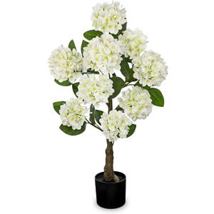 Hollyone 3FT White Hydrangea Artificial Flowers Tree Large Real Touch Faux Silk Hydrangea Plants Potted Fake Flower in Black Pot for Home Indoor Outdoor Front Porch Garden Entrance Living Room Decor