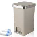 Small Bathroom Trash Can with Lid and 3 Rolls Trash Bags, Step Pedal Wastebasket Plastic Garbage Can with Pop-Up Lid 2.6 Gallon Bin for Kitchen, Bedroom, Office, Dorm, Laundry, Toilet, Rv,Khaki