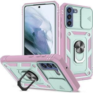 for Samsung Galaxy S21 FE 5G Case Military Grade Drop Shock Protection Cell Phone Cover with Slide Camera Cover Built-in 360 Rotate Ring Stand for S21 FE 5G 6.4 -Pink