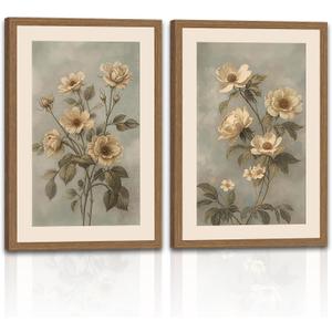 2Pcs Framed Vintage Floral Wall Art, Rustic Botanical Canvas Prints 16x24in