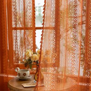 Sutuo Home Terracotta Boho Lace Curtains 2 Panels 84 Inches Long for Living Room&Bedroom, Burnt Orange Crochet Privacy Farmhouse Vintage Tassels Retro Halloween Window Sheer Curtains Rod Pocket,50" W