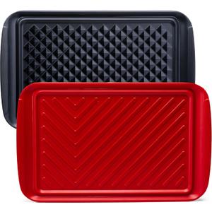BBQ Tray for Raw Meat Prep and Cooked Food, Grill Prep and Serve Trays, Melamine Serving Trays and Platters for Food, Unbreakable Party Tray, Set of 2, Black and Red
