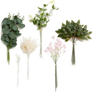 Ling's Moment Artificial Greenery Stems Box Set, 42pcs with 6 Kinds of Faux Greenery Picks for DIY Bridal Bouquets Wedding Floral Arrangement Table Centerpieces, Green & Pink