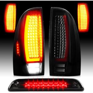 LED Tail Light Assembly + 3rd Third Brake Cargo Lamp Fit for Toyota Tacoma 2005-2015, Rear Taillight and High Mount Stop Light Chrome Housing Smoked Lens, 3 Pcs