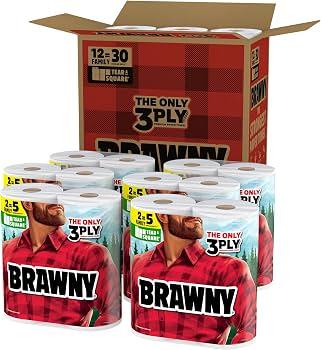 Brawny Tear-A-Square 3-Ply Paper Towels, 12 XL Family Rolls = 30 Regular Rolls, Strong, Absorbent, and Durable with 3 Sheet Sizes (Quarter, Half, Full)