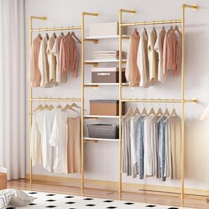 Industrial Pipe Clothing Racks with 5 Shelves, Wall Mounted Gold Clothes Rack for Hanging Clothes, Gold Wall Clothing Rack, Heavy Duty Clothes Rack for Walk in Closet, Laundry Room