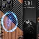 TENDLIN Magnetic Case Compatible with iPhone 16 Pro Phone Case Wood Grain with Carbon Fiber Texture Design Leather Hybrid Slim Cover (Compatible with MagSafe) Twill