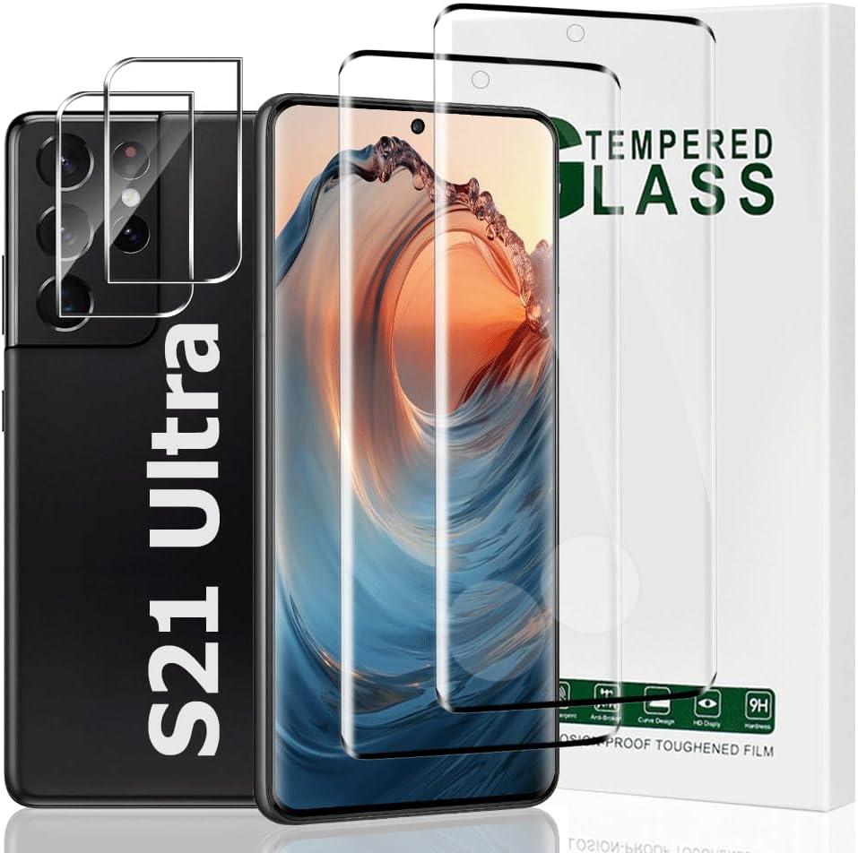 Galaxy S21 Ultra Screen Protector,2 Pack Tempered Glass Screen Protector with 2 Pack Camera Lens Protector,3D Full Coverage,9H Hardness,Support Fingerprint Unlock,Easy to install(6.8 Inch)
