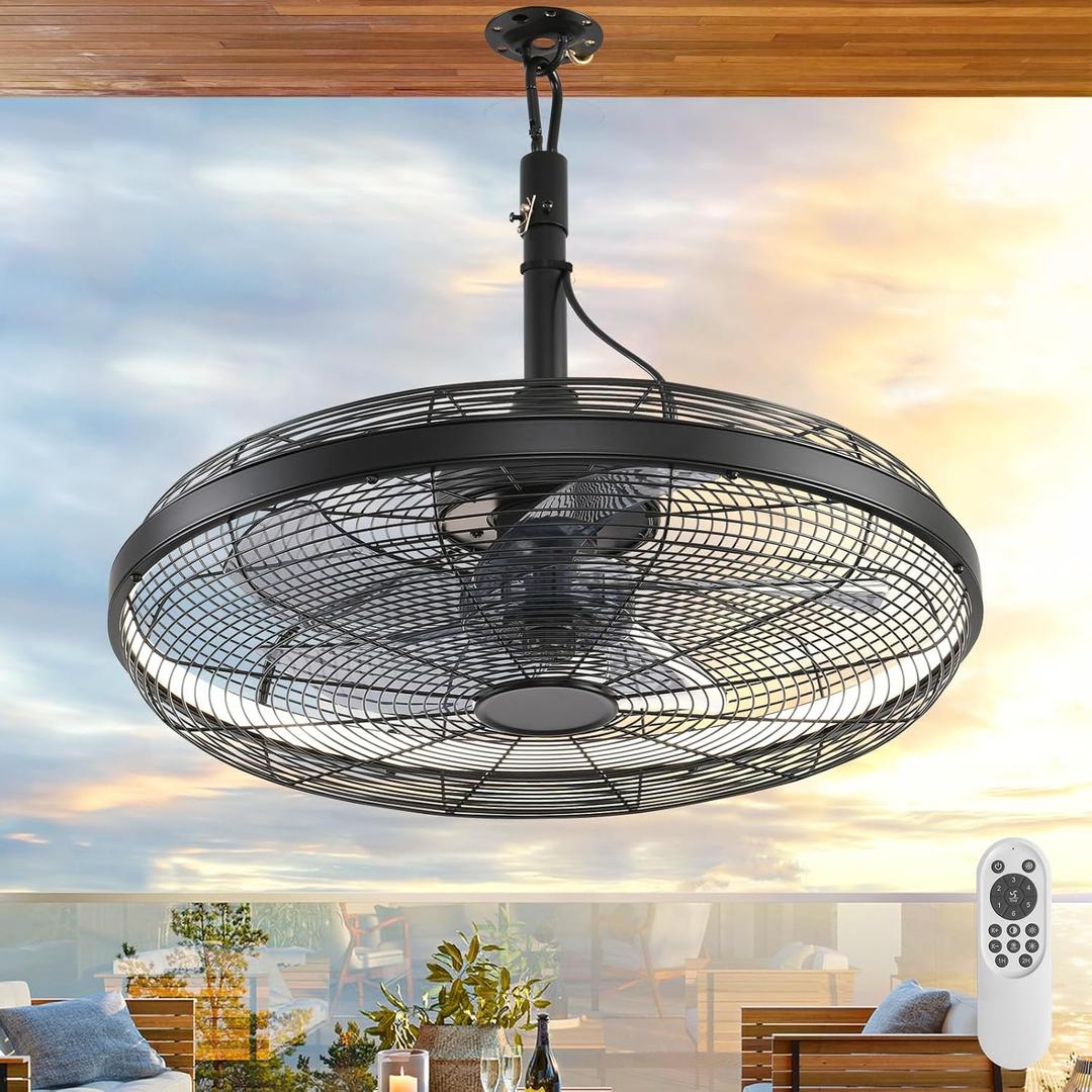 Outdoor Ceiling Fans with Lights, 20'' Gazebo Fan, Plug in Ceiling Fan for Patios, Pergola, Ceiling Fan with Remote Control, Hanging with Hook,Black