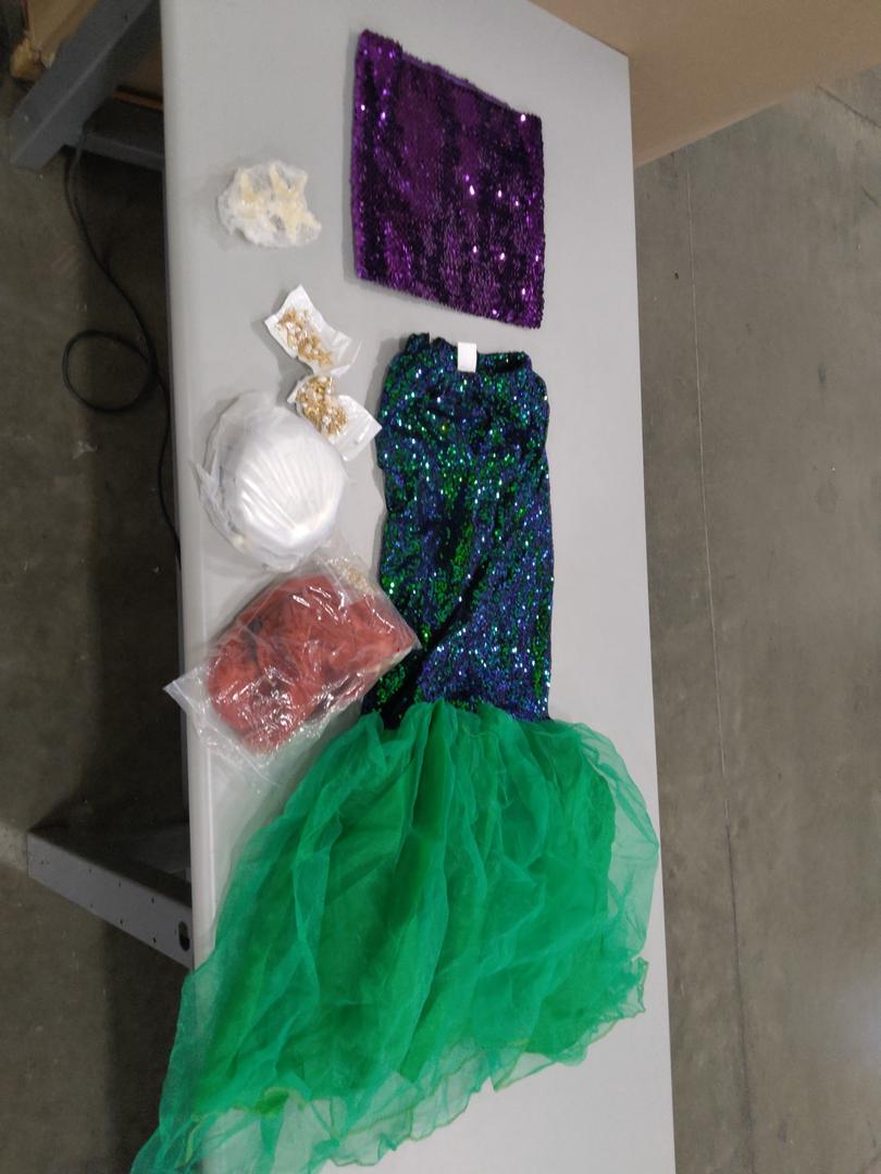 7 Pcs Mermaid Costume for Women Adult，Mermaid Tube Top Skirt Costume with Curly Wig and Purse, Shell Necklace Bracelet Waist Chain for Halloween Cosplay Dress Up Theme Party