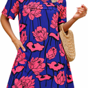 Wenrine Womens Summer Casual Floral Mini Dress Short Sleeve Pleated Front Loose Beach Tunic Dresses with Pockets (Medium, Orange)