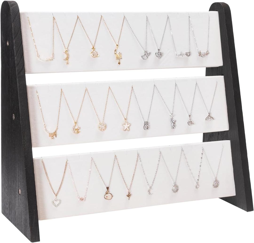 Necklace Holder 3 Tier Wood Necklace Organizer Stand with White Velvet, Necklace Display Stand for Selling, Chain Necklace Holder Rack for Show, 72 Necklaces Bracelets