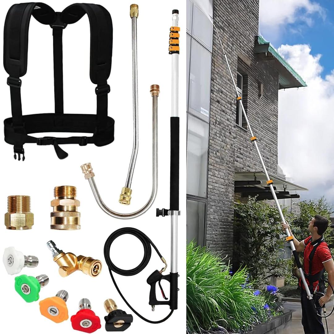 24 ft Telescoping Pressure Washer Wand by EDOU - 4000 PSI Heavy-Duty Extension - Aluminum Spray Pole with 5 Nozzles, 2 Pivoting Couplers, Support Harness - Gutter and Window Cleaner (24')