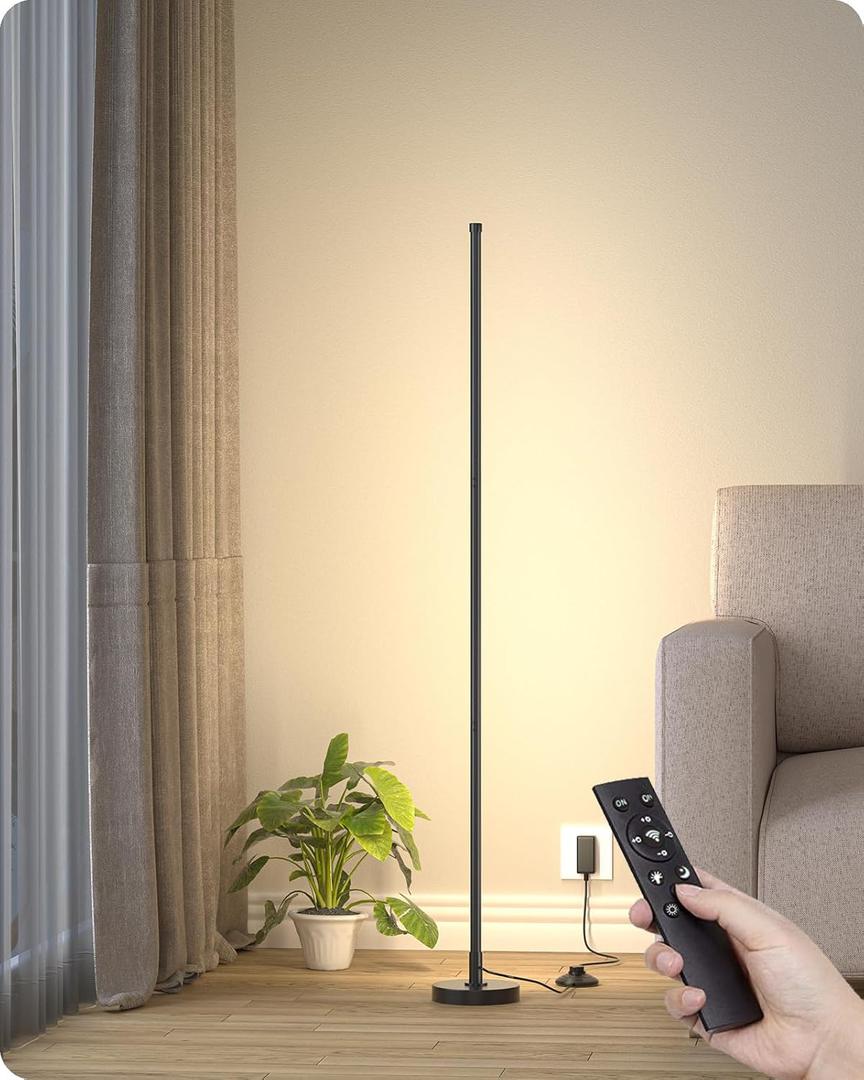 Corner Floor Lamp, Minimalist LED Floor Lamp with Remote Control, Dimmable Corner Light,Floor Lamps for Living Room, Bedroom, Home Office, 7 Color Temperature 3000K-6000K (Black, 1 Pack)