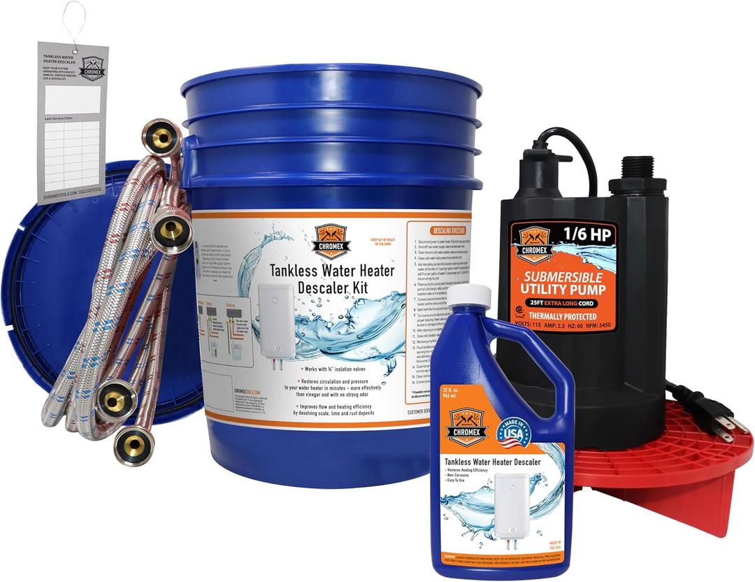 Chromex Tankless Water Heater Flush Kit with Certified Liquid Descaling Solution and 1/ 6HP Extra Strength Pump Chromex Tankless Water Heater Flush Kit with Certified Liquid Descaling Solution and 1/ 6HP Extra Strength Pump