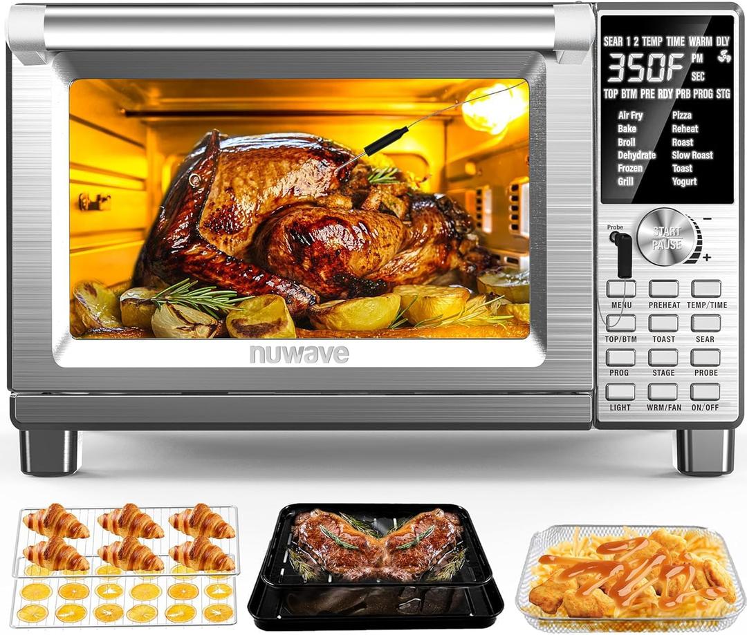 Nuwave Bravo Air Fryer Toaster Smart Oven, 12-in-1 Countertop Convection, 30-QT XL Capacity, 50-500F Temperature Controls, Top and Bottom Heater Adjustments 0%-100%, Brushed Stainless Steel Look, Bravo X-Large
