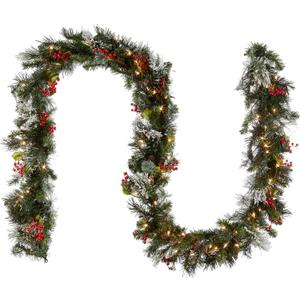 National Tree Company 9 ft Pre-Lit Wintry Pine Flocked Artificial Christmas Garland, Christmas Decoration with Pinecones, Red Berries, 100 Clear Lights, 184 Tips, Green