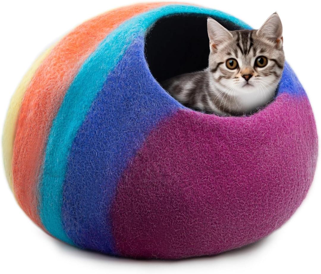 Woolygon Premium Felt Cat Cave Bed Wool Kitty Beds Handcrafted Kitten Caves Bed for Indoor Cats - Made from Merino Wool, Foldable Cat Hideaway Covered Cat House Pod (Rainbow Twist)