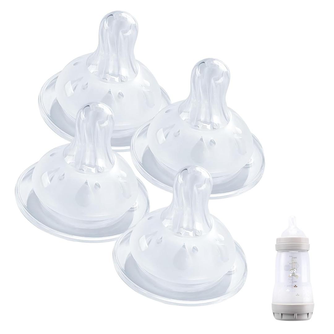 4 Pack Bottle Nipples Compatible with Mam Bottle, Soft Silicone Nipples for Bottle, Fit for MAM Bottles, Medium Flow, 3+ Months