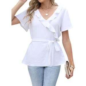 CiCiBird Women Dressy Casual Shirt Ruffle Wrap V Neck Tops Tie Waist Peplum Business Work Blouse (Blue, L)