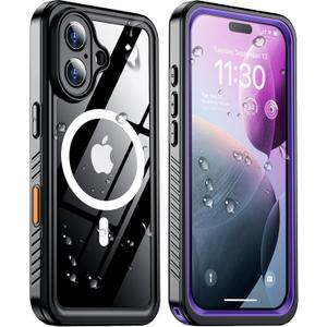 Temdan Magnetic for iPhone 16 Plus Case Waterproof,Built-in Screen Protector[IP68 Underwater][Upgrade Military Dropproof][Compatible with MagSafe] Full Body Shockproof Translucent Case 6.7''-Purple