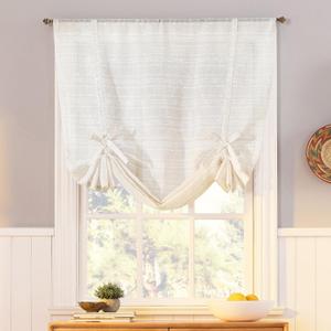 No. 918 Louette Slub Stripe Semi-Sheer Rod Pocket Window Tie-up Balloon Shade, Linen, 42" W x 63" L