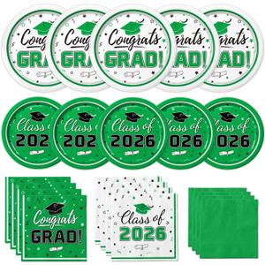 Graduation Party Supplies Kit Serves 50 - Graduation Party Green Class of 2026 Tableware Disposable Dinner Plates Dessert Plates and Napkins for Congrats Grad Party Decorations