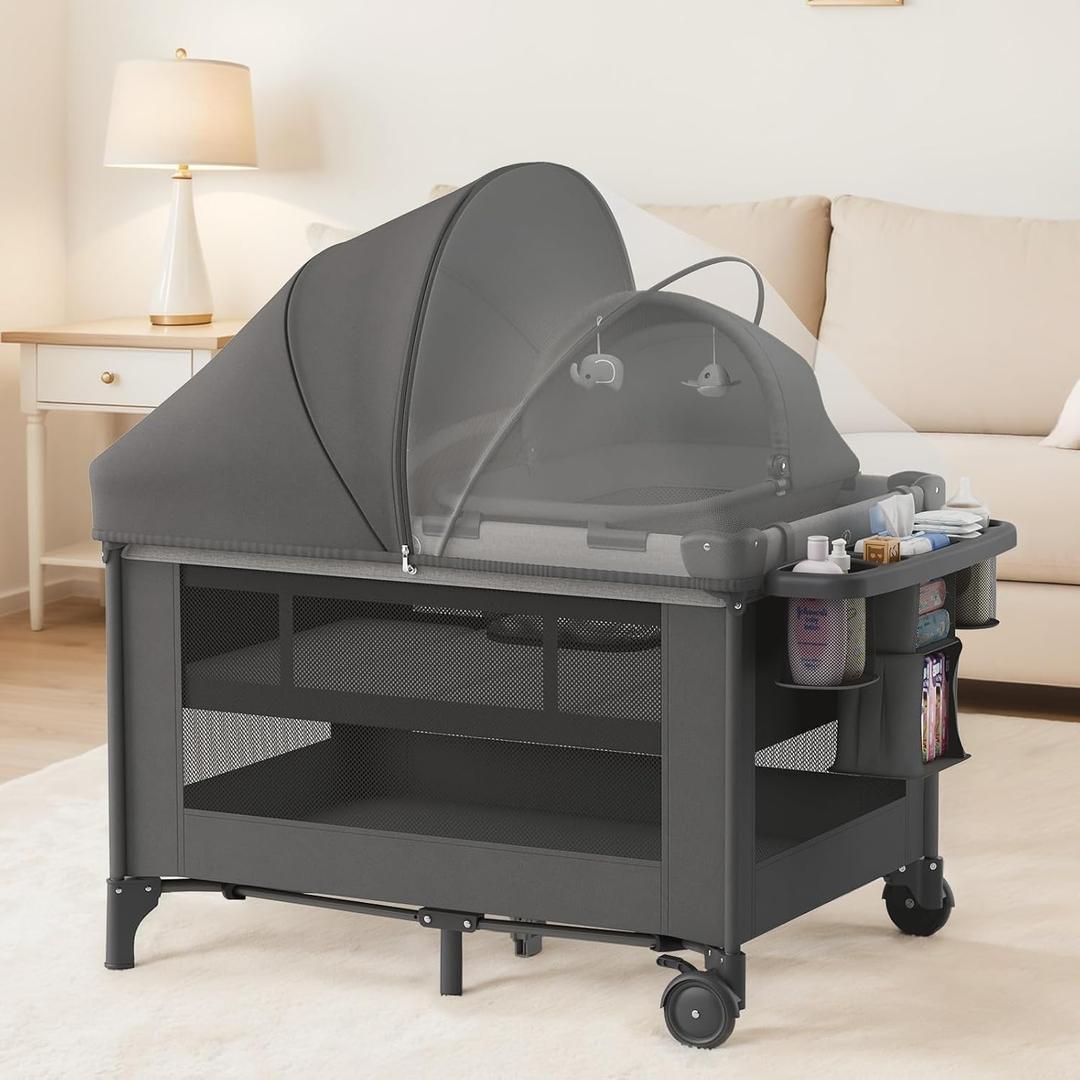 Obee Odee 4-in-1 Baby Bassinet with Playard, Napper Bassinet, Changing Table, Mosquito Net & Canopy, Storage and Toys for Newborn to Toddler