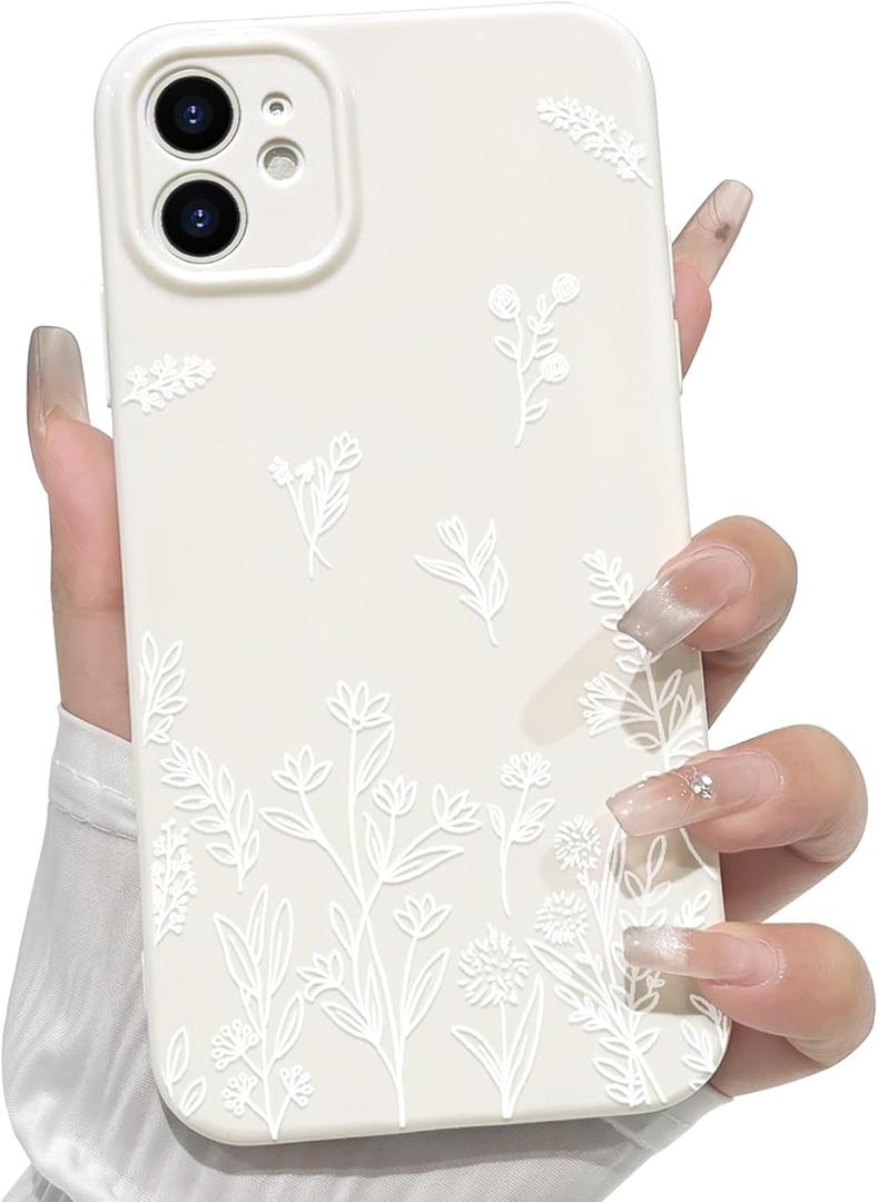 NITITOP Compatible with iPhone 12 Case Cute Flowers Floral Plant Pattern for Women Girls Trendy Slim Fit TPU Bumper Silicone Shockproof Full Camera Protection Cover - White