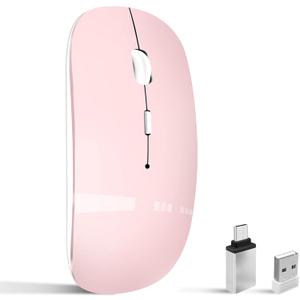 Wireless Mouse for Laptop, Bluetooth Mouse for MacBook Pro/Air/Mac/iPad/Chromebook/Computer -Rechargeale Dual Mode(USB 2.4Ghz + Bluetooth 5.2) Silent Cordless Mice with USB C Adapter,Pink
