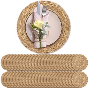 Aneco 48 Pack 13.8-Inch Round Woven Placemats Natural Hand-Woven Boho Rattan Wicker Bulrush Placemat Farmhouse Rustic Braided Table Mats for Dining & Kitchen Decor