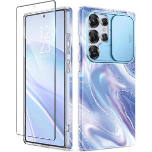 GVIEWIN for Samsung Galaxy S25 Ultra Case with Slide Camera Cover, [Screen Protector] [Shockproof Military Grade Drop Protection] Marble Slim Fit Hard PC Phone Cover S25 Ultra 6.9" 2025 (Aurora) (Aurora/Azure Blue)
