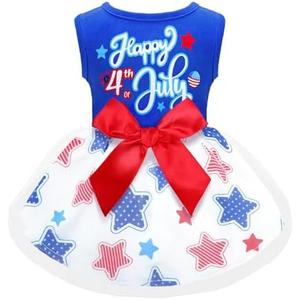 Happy 4th of July Dog Outfit Patriotic Dog Tulle Dress with Red Bowknot Independent Day Dogs Pet Doggie Apparel Clothes for Small Dogs Puppy Cats Girl Size S