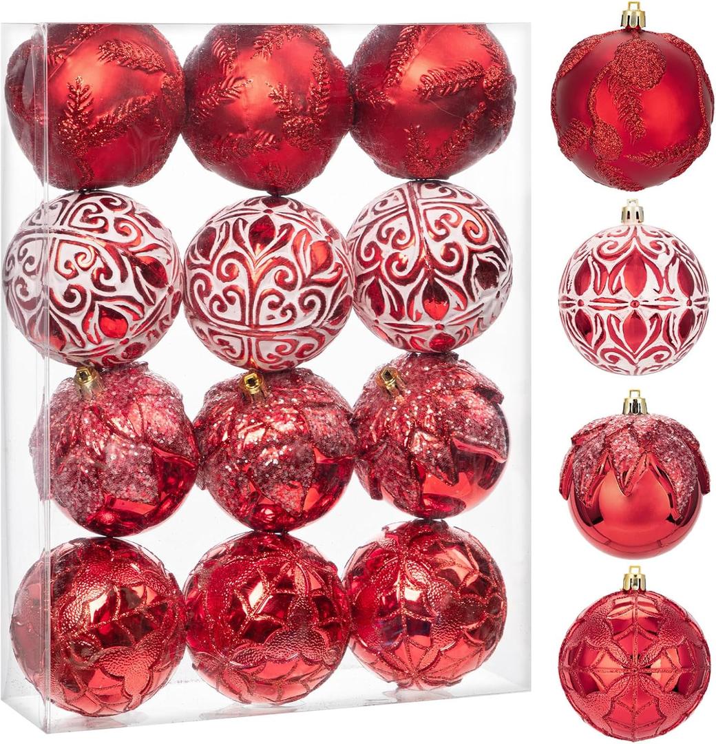 Hollyone 3.15"/80mm Red Christmas Ball Ornament 12 Pcs Shatterproof Christmas Tree Relief Ornaments Set Large Hanging Ornaments Balls for Wedding Holiday Wreath Home Decorations