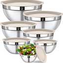 Mixing Bowls with Lids Set - 7PCS Nesting Mixing Bowls, Lids, Stainless Steel Mixing Bowls for Mixing, Baking & Meal Prep, Dishwasher Safe, Size 0.7/1.1/1.5/2.1/3.5/4/4.5 QT, Khaki